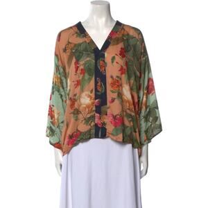 Farm Rio Womens Floral Print V Neck Blouse Multi Colored Size Small